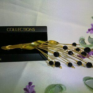 NWT VTG Pin Brooch Gold Tone Wheat Sheaf w Black Faceted Beads Montgomery Ward